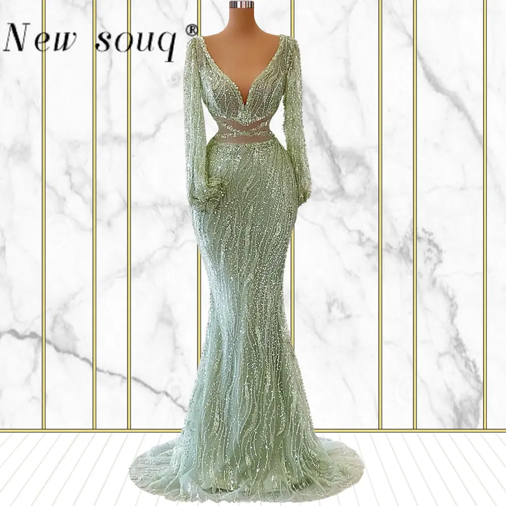 

2022 Arabic Sage Mermaid Sparkly Puff Long Sleeves Sexy Deep V Neck Evening Dresses Sequined Formal Party Prom Gowns for Women