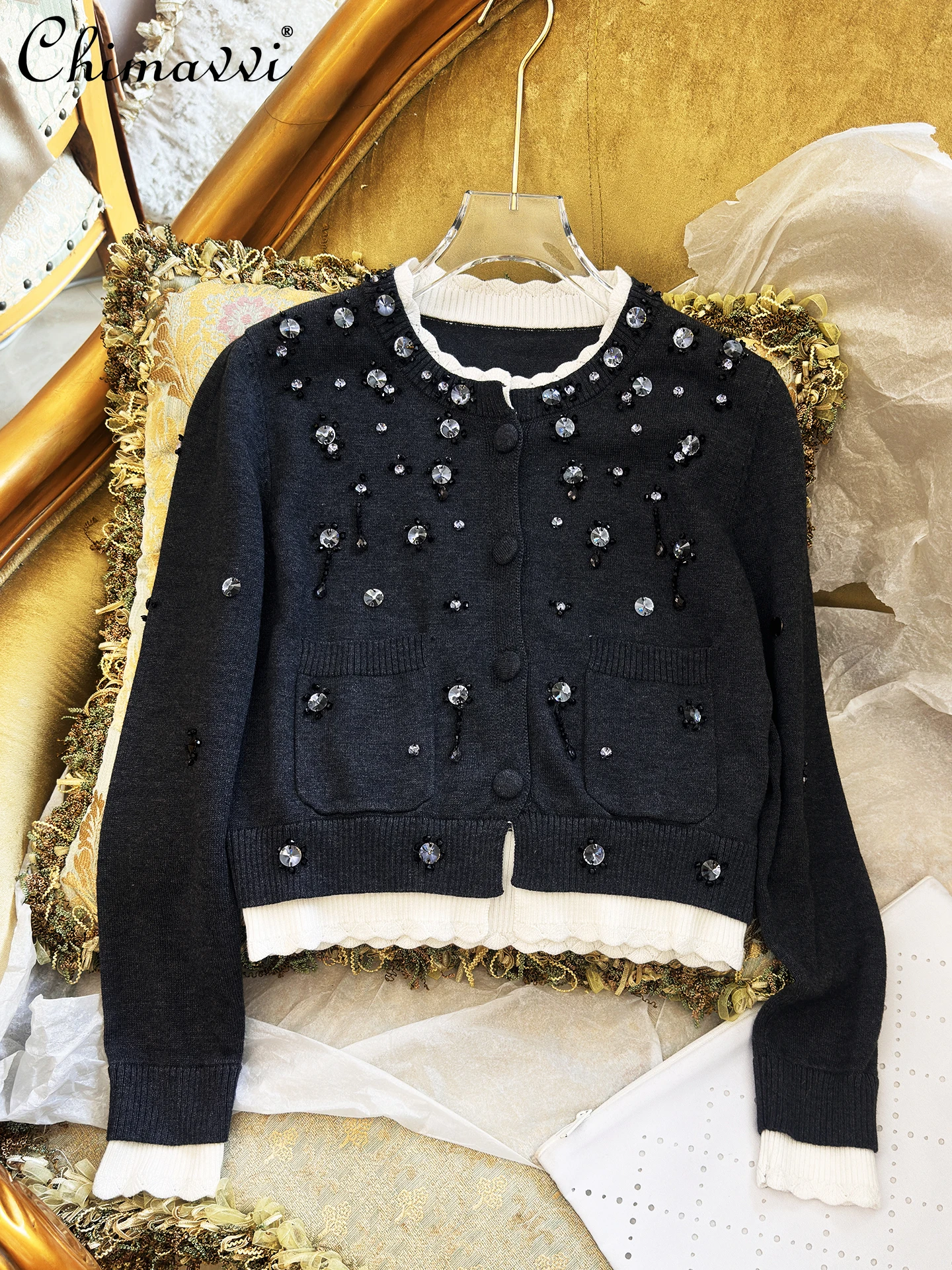 

2025 Autumn Winter New Heavy Embroidery Color-Block Sweet Sweater Coat French Fashion Lace Collar Long Sleeve Knitted Cardigan