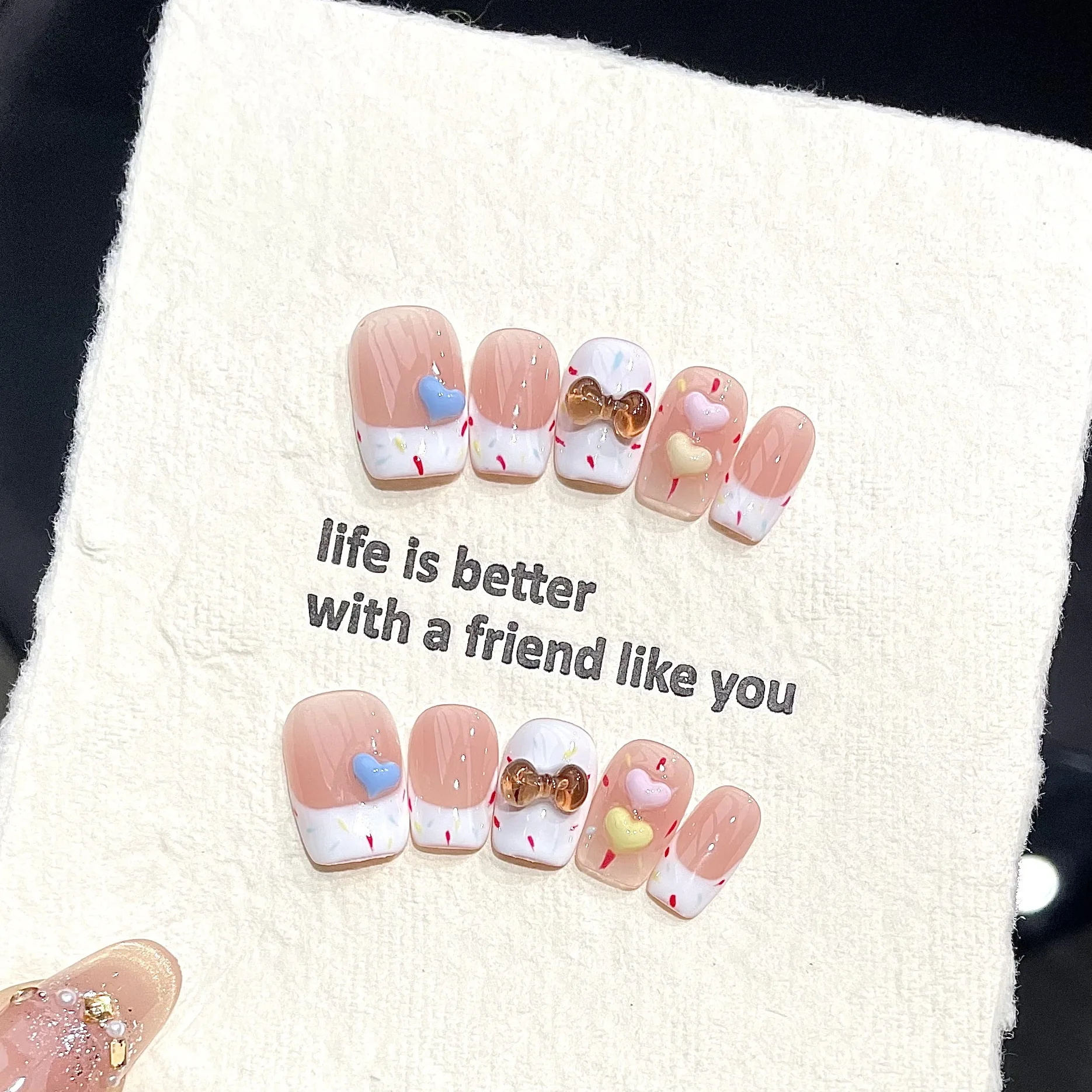 

10Pcs Handmade Press On Nails Short Square French Tip False Nails with 3D Bow & Heart Charms, Cute Glossy Fake Nails for Women