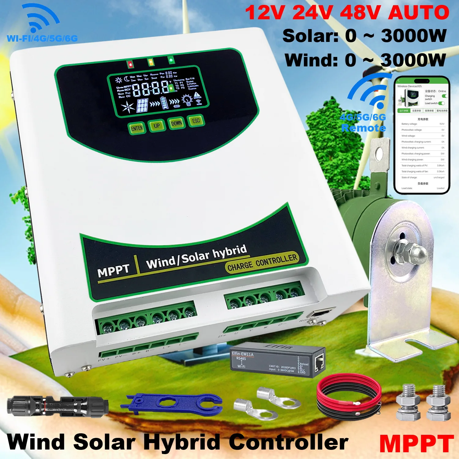 1000-3000W WIFI Hybrid Solar Wind Charge Controller Power System MPPT Solar Regulator For 12V 24V 48V Lithium Lead-acid Battery