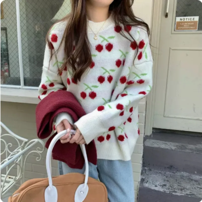 GAODINGLAN Autumn Winter Loose Round Neck Sweaters Women Long Sleeve Large Size Knitted Pullovers Lazy Cherry Print Sweater Tops