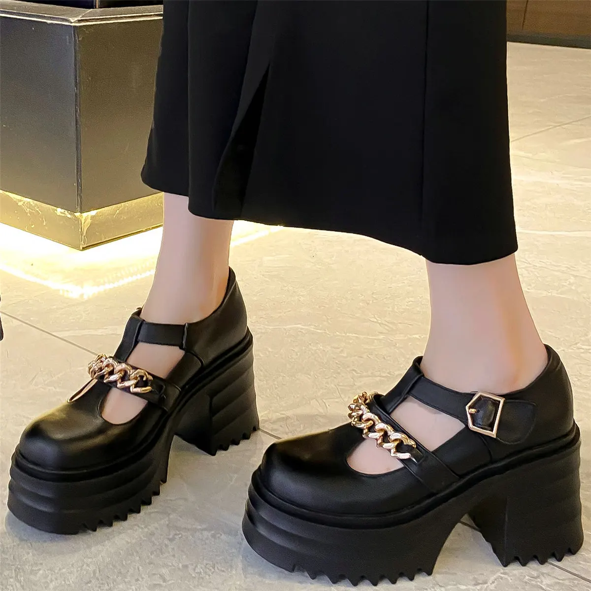 

Chunky Platform Creepers Women Genuine Leather High Heel Party Pumps Female Ankle Strap Round Toe Fashion Sneakers Casual Shoes