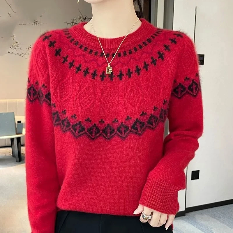 Womens Vintage Ethnic Style Knit Sweater Autumn Winter Contrast Color Jacquard Thick Pullover Wool Top S XXL