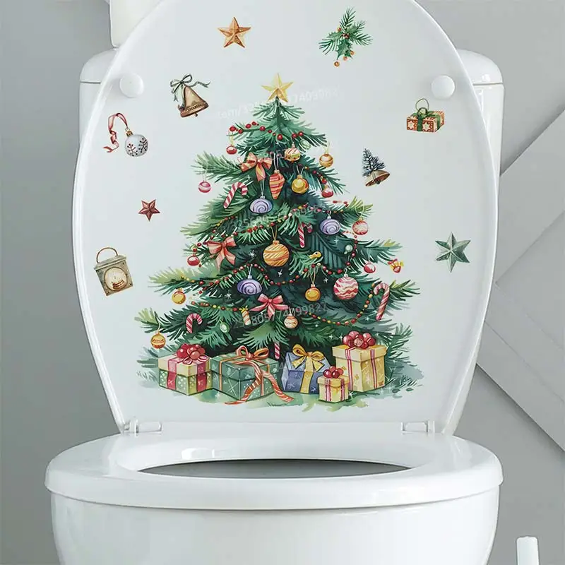 Christmas Tree gift Bell Toilet Lid Decal Waterproof WC Door Sticker Removable Self-Adhesive Decor  Household Stickers S196