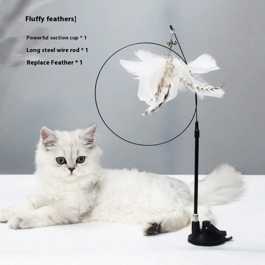 【New style】Suction Cup Cat Teaser Wand With Feather And Bell - Interactive Toy For Kittens and Cats With Replaceable Heads - En