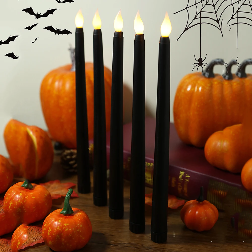 

2Pc Black Flameless LED Taper Candles Lights Battery Operated Electric Candles Window Lights Halloween Party Decor Long Candles