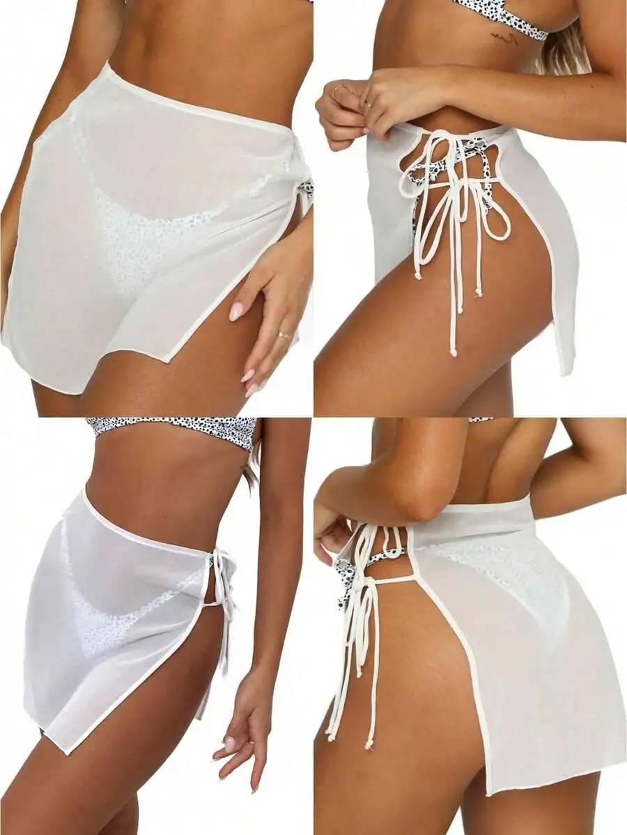 

Womens High Waist See-Through Lace Up Beach Shorts Skirt Solid Color