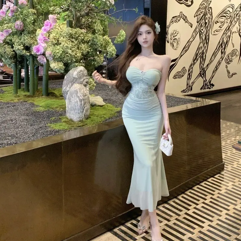 Dresses Womens Of Woman Autumn Satin Embellished Pearl Inlaid Round-Neck Pleated Panelled Banquet Light Tender Minimalist Casual