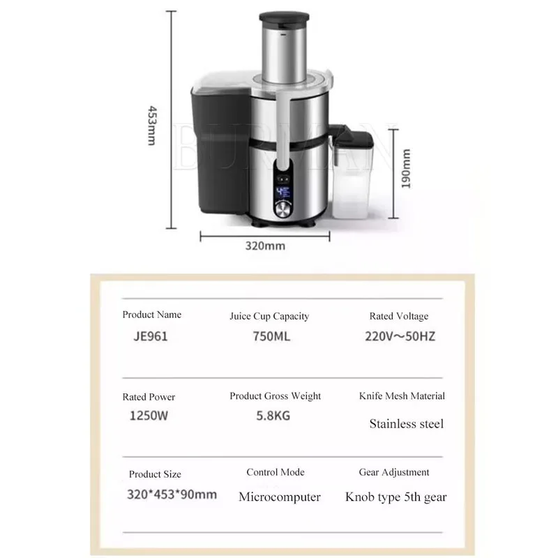 Mesin Juicer elektrik ekstraktor jus sayur buah portabel 1250W 5 kecepatan untuk dapur rumah