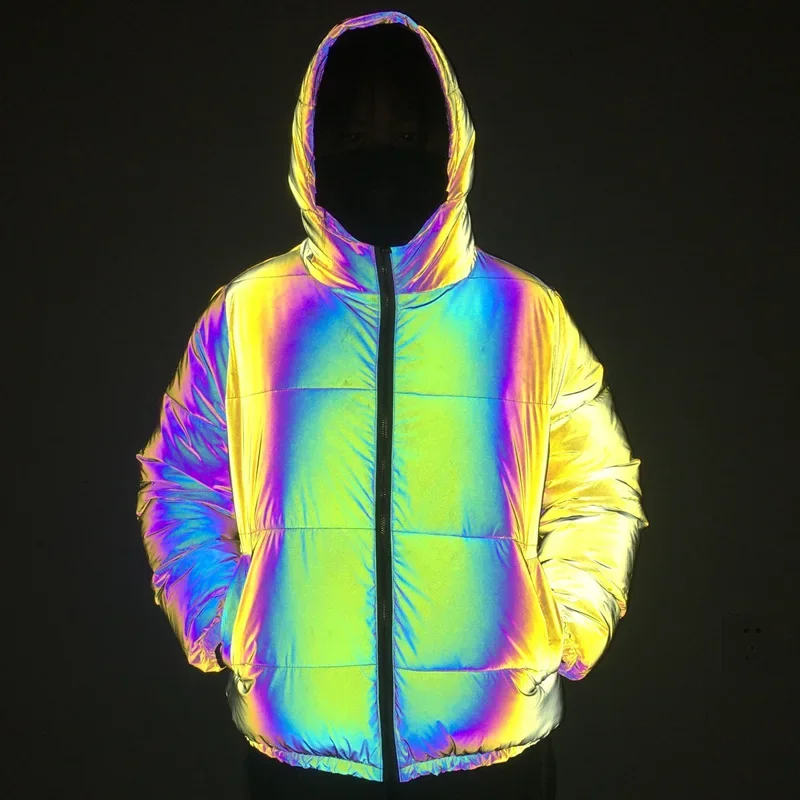 

2024 woman Yellow Reflective Cotton-Padded Coat Autumn and Winter New Colorful Laser Hooded Cotton Jacket