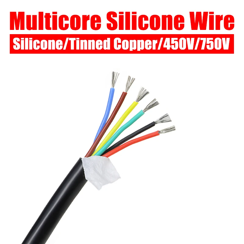 Square 0.3mm ~Square 6mm Black Multicore Heat resistant Silicone wire 2 3 4 6Cores Tinned Copper Soft Sheath Electrico  cable