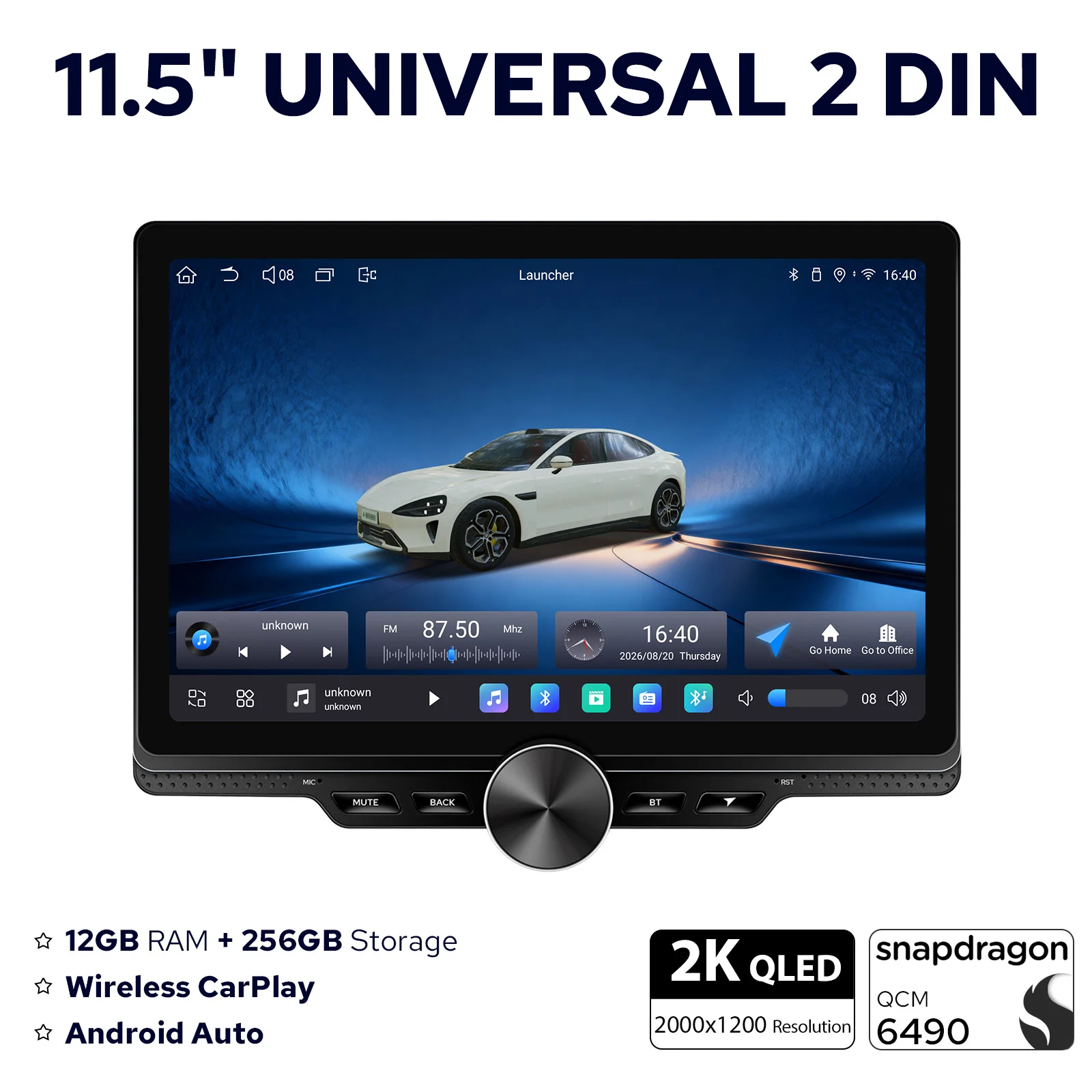 JOYING Universal Car Radio Stereo With Bottom Single Knob 2000*1200 12+256GB Wireless CarPlay&Android Auto Multimedia Player