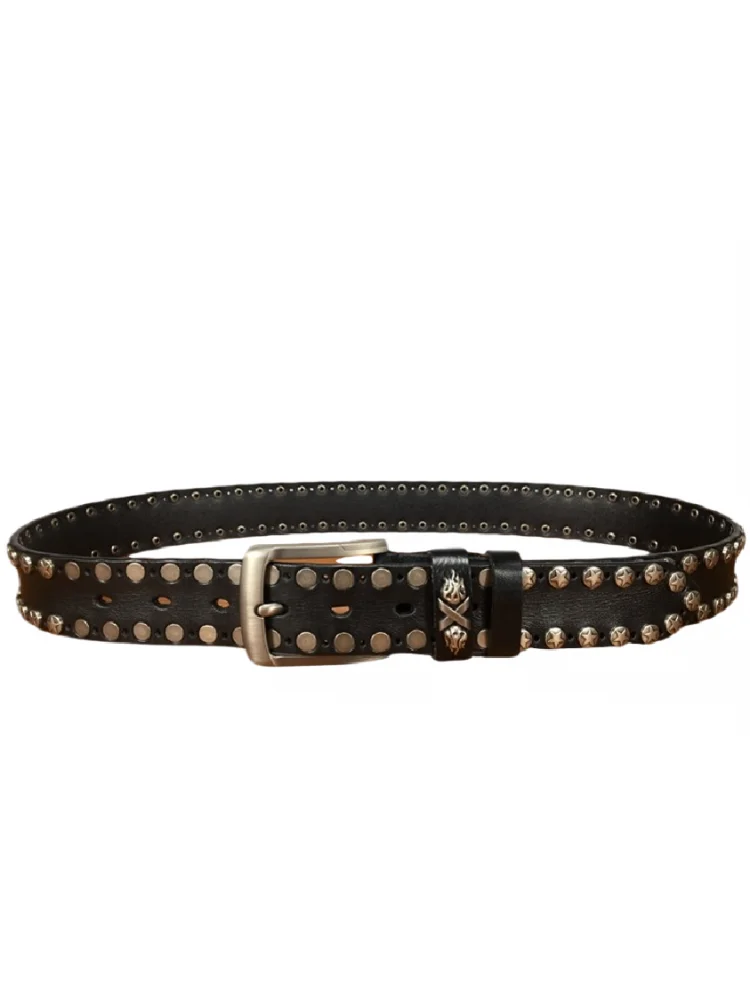 Handmade Punk Style Rivets Genuine Leather Belt Cowhide Strap For Pants Moto Biker Studded Belts Pin Buckle Waistband