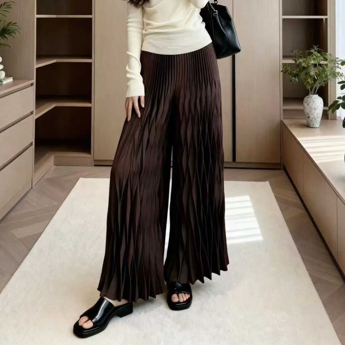 Miyake High-Quality Elastic High Waist Women's Pleated Wide Leg Pants Draped Loose Casual Straight Long Trousers Chic