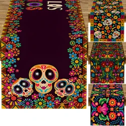 Mexican Day of The Dead Linen Table Runners Mexico Dia De Los Muertos Sugar Skull Table Runner for Home Party Dining Table Decor