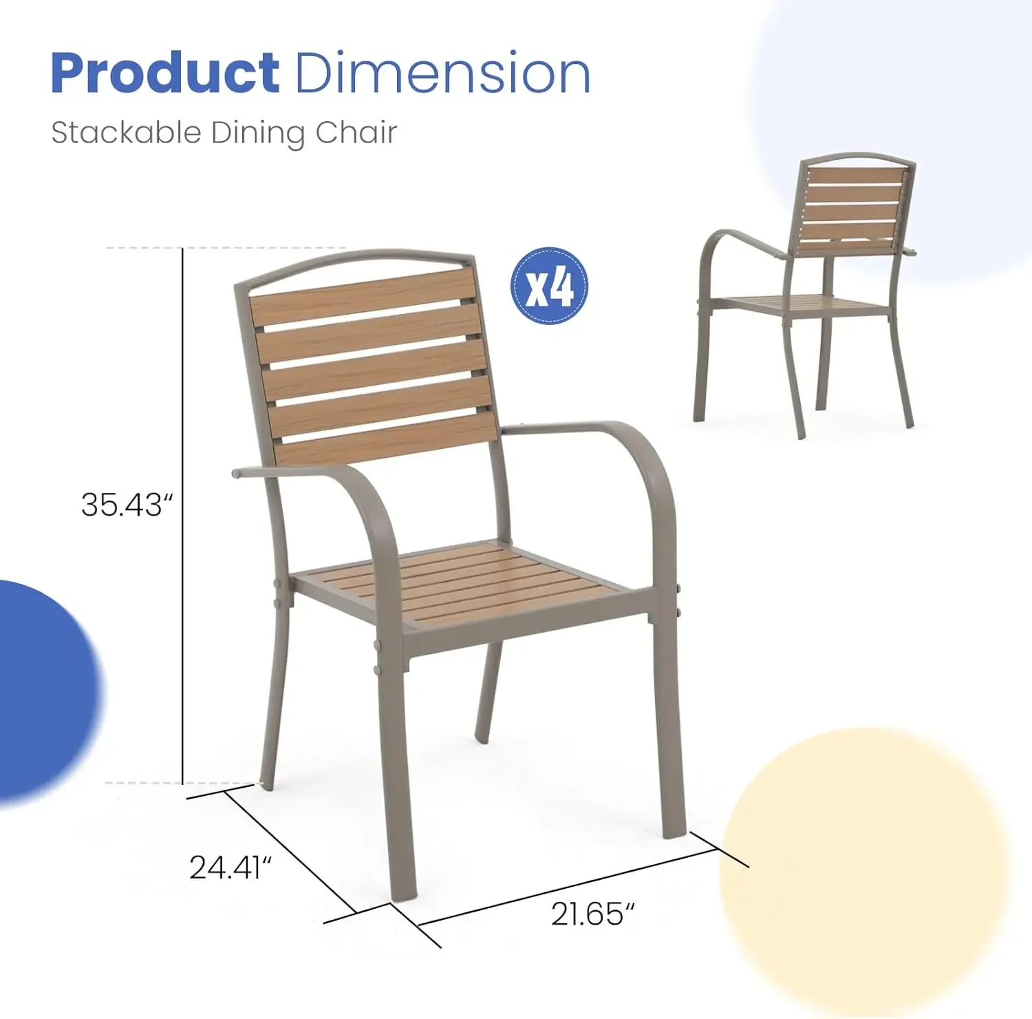 Dining Chairs Set of 4 with Faux Wood Slats Aluminum Outdoor Dining Chair with Armrests All-Weather Stackable Patio Chairs