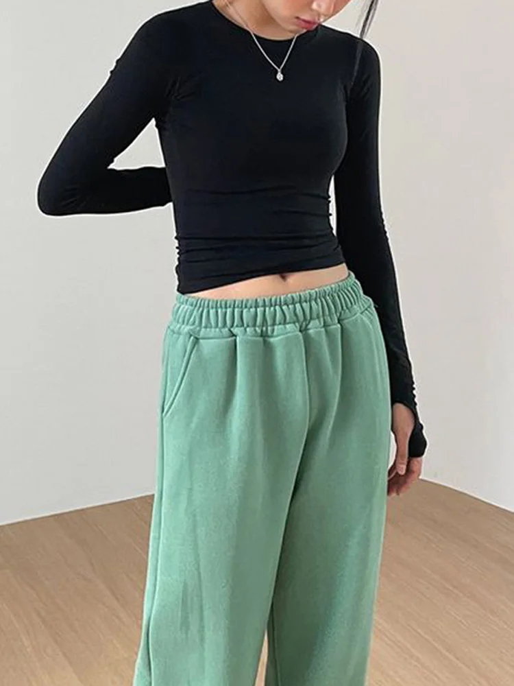 Damen-T-Shirts, lässig, schmal geschnitten, langärmelig, O-Ausschnitt, Frühling und Herbst, einfarbig, mit Daumenlöchern, Streetwear