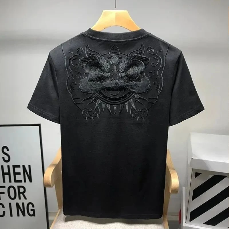 Summer Solid Color Vintage Lion Dance Embroidered T-Shirts Man Round Neck Short Sleeve Fashion Pullovers Men National Style Tees