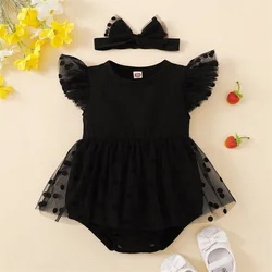 Summer Infant Newborn Baby Girl Clothes Ruffle Sleeve Dress Romper 2Pcs Dot Mesh Skirts Hem Bodysuit with Headband Set