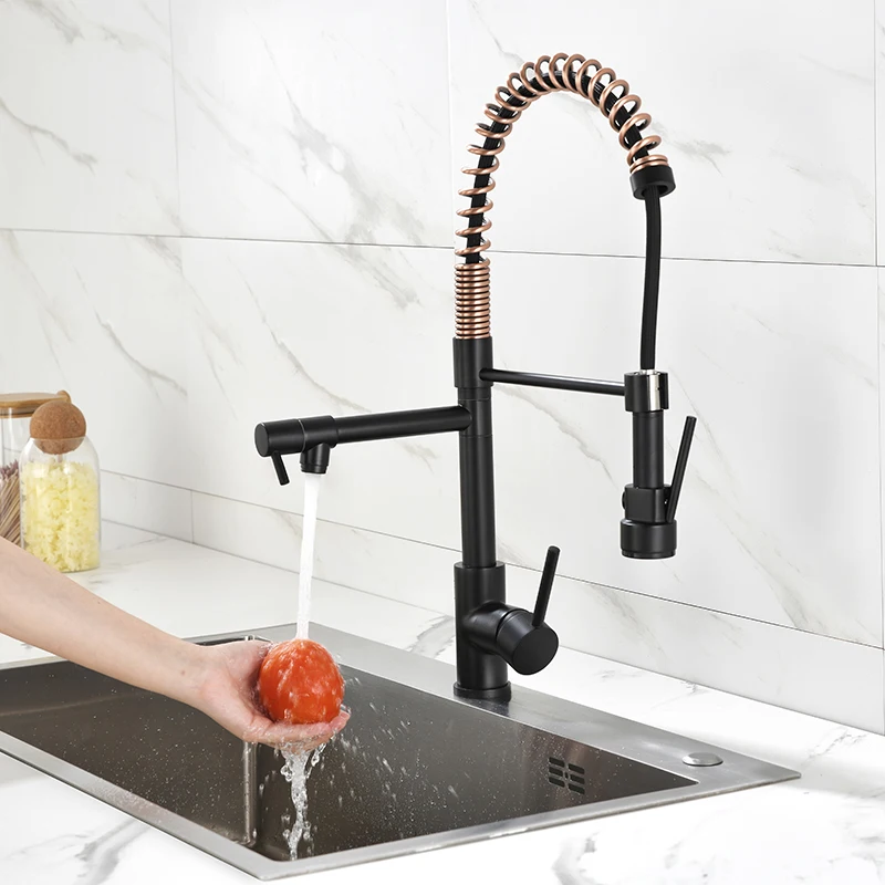 Kitchen Single Hole Sink Faucet Spring Pull-down Multifunctional Faucet Basin Deck Installation Faucet Matte Black
