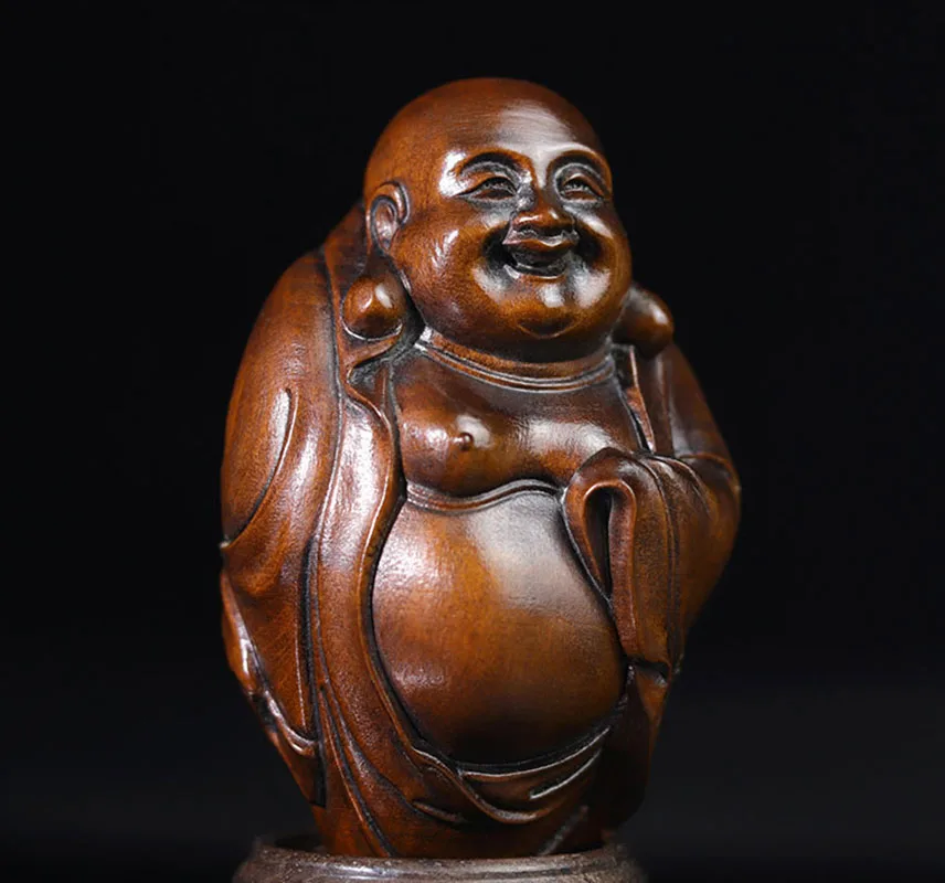 XS529- 8 Laughing Buddha Boxwood Sculpture Maitreya Feng Shui Wood Carving Statue Collection Ornaments