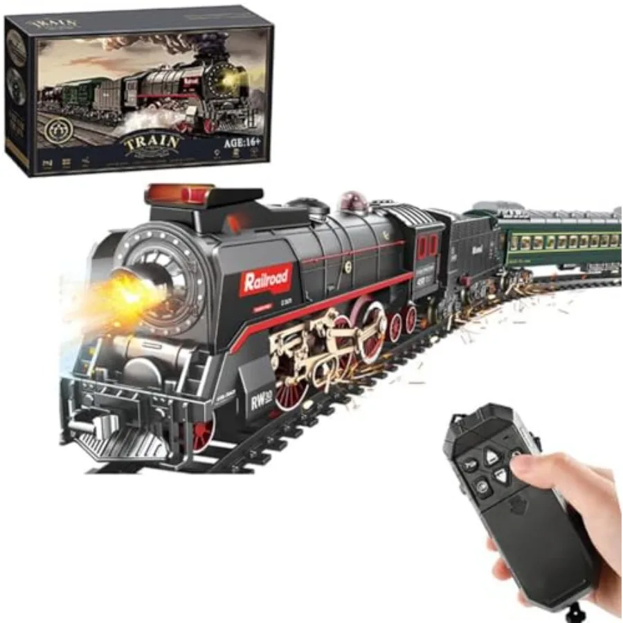 

Christmas Electric Remote Control Train Set with Smoke Lights Sound Locomotive Model Track Remote Carriage USB Rechargeable Red