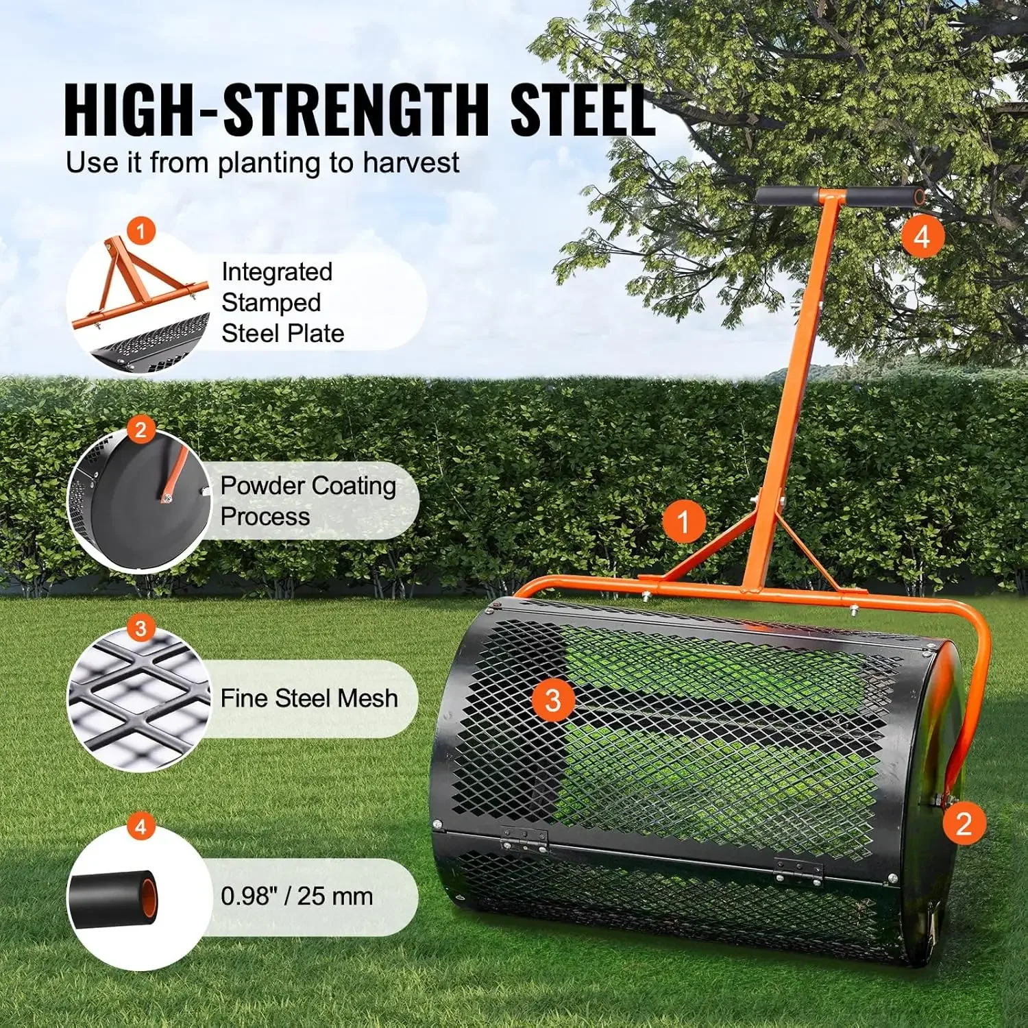 Compost Spreader and Peat Moss Spreader, 24" Push/Tow-Behind Roller Lawn Spreader with Height Adjustable T Shaped Handle