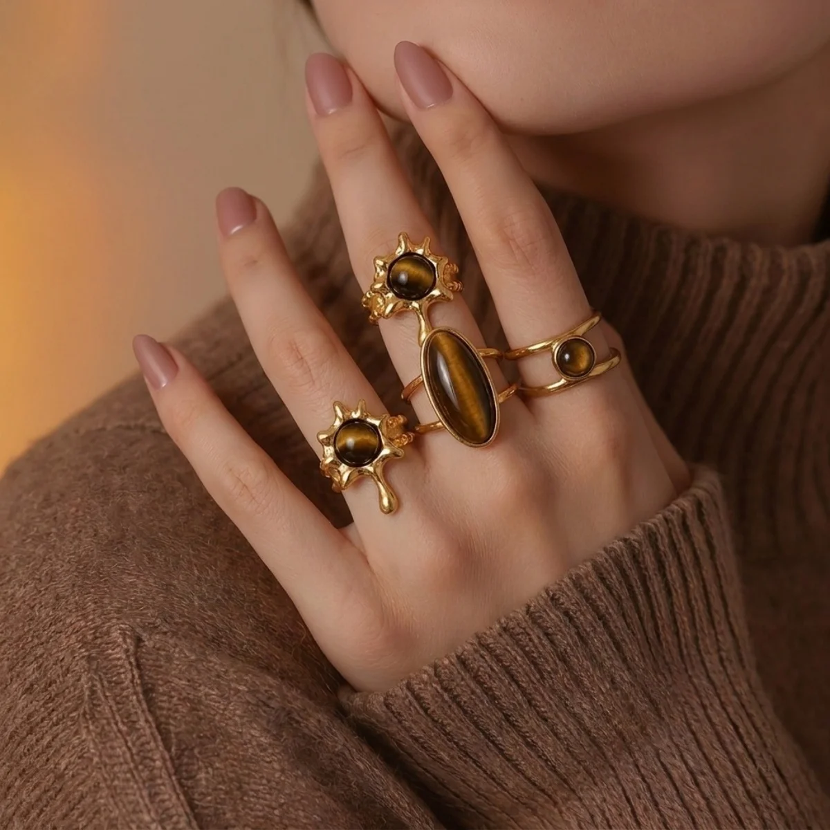 Vintage Maillard Tigerauge-Stein Ovaler Lava-Sonnen-Fingerring für Damen und Herren, Edelstahl, hohler geometrischer Ring, Herbstschmuck – Detail 11