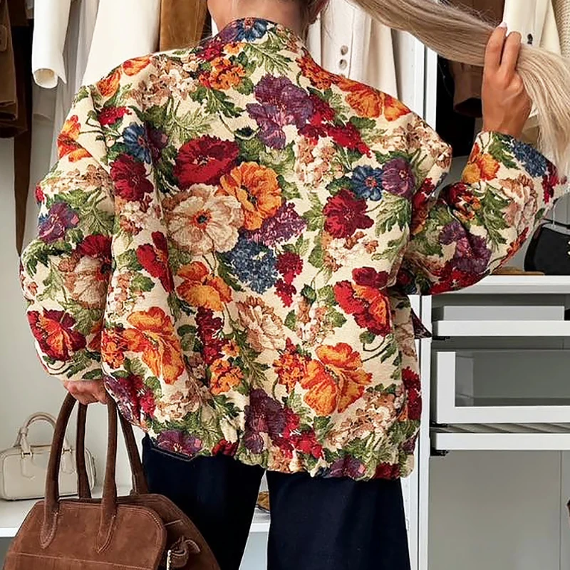 

Elegant Stand Collar Long Sleeved Office Outwear 2026 Spring New Bohemian Loose Jacket Retro Flower Design Vacation Women's Coat