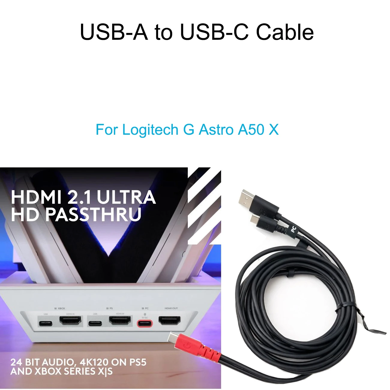 Replacement USB-A to USB-C Cable For Logitech G Astro A50 X LIGHTSPEED Wireless Gaming Headsets