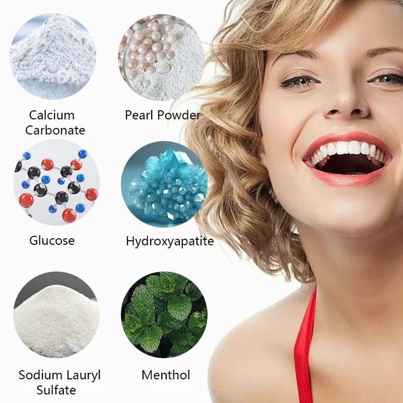 Pó de dente branco 9D ilumina os dentes. Ação de limpeza profunda
