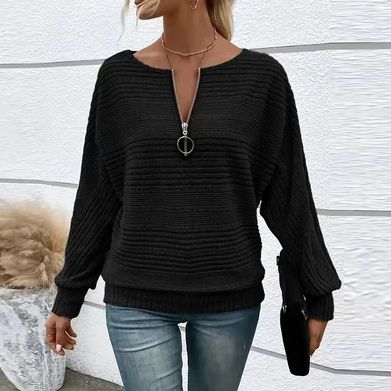 Fashion Solid Long Sleeve Zip Up T Shirts For Women Loose Tee Tops Casual Solid Color V Neck Women T-Shirts