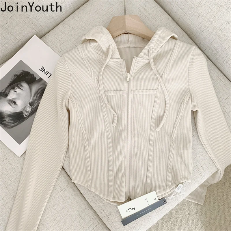 Tunic Sweatshirt Women Clothing Hooded Zipper Fashion Crop Tops Solid Color Casual Korean Y2k Hoodies Jackets 2023 Ropa Mujer