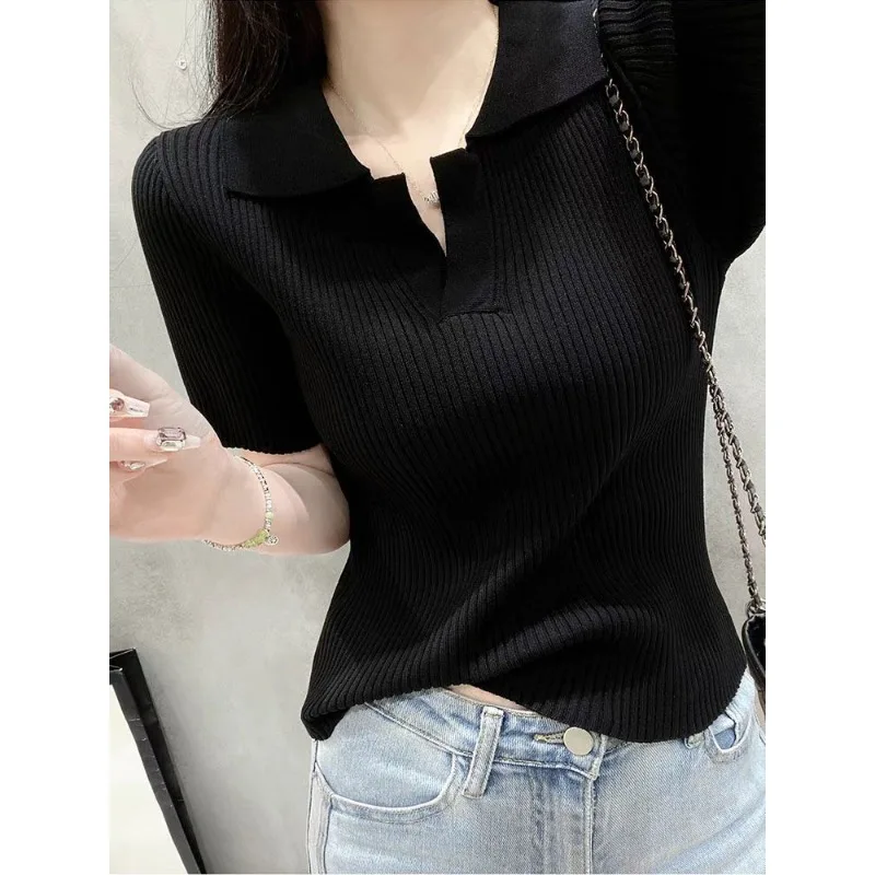 Korean Style Polo Collar Ice Silk Thin Pit Strip Knitted Short-sleeved T-shirt for Women Summer Pullover Lapel Top
