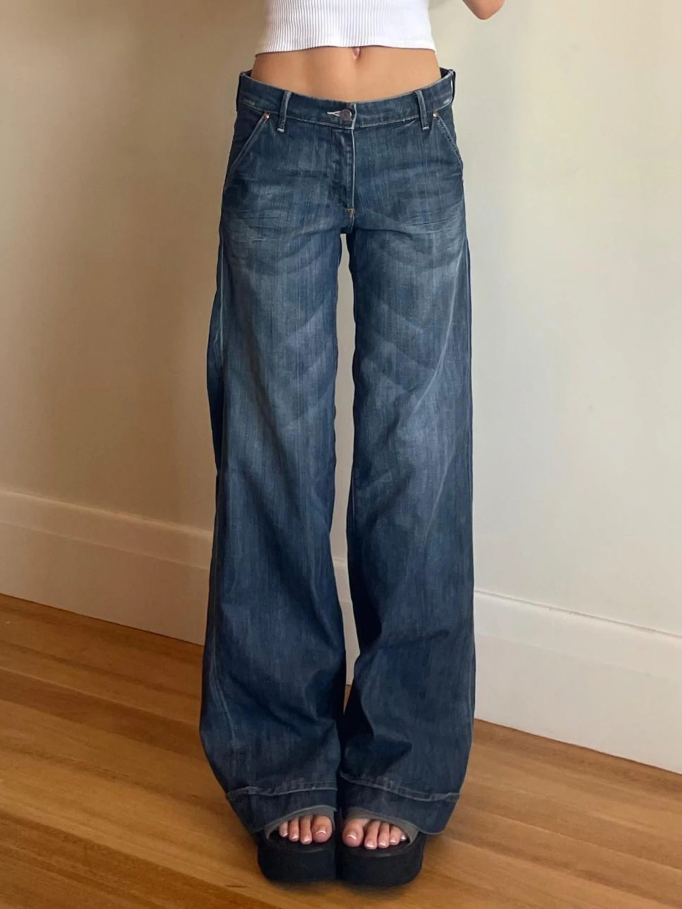 

Weekeep Blue Straight Jeans Streetwear y2k Low Rise Baggy Denim Pants for Women Vintage 2000s Casual Jeans Korean Fashion Basic