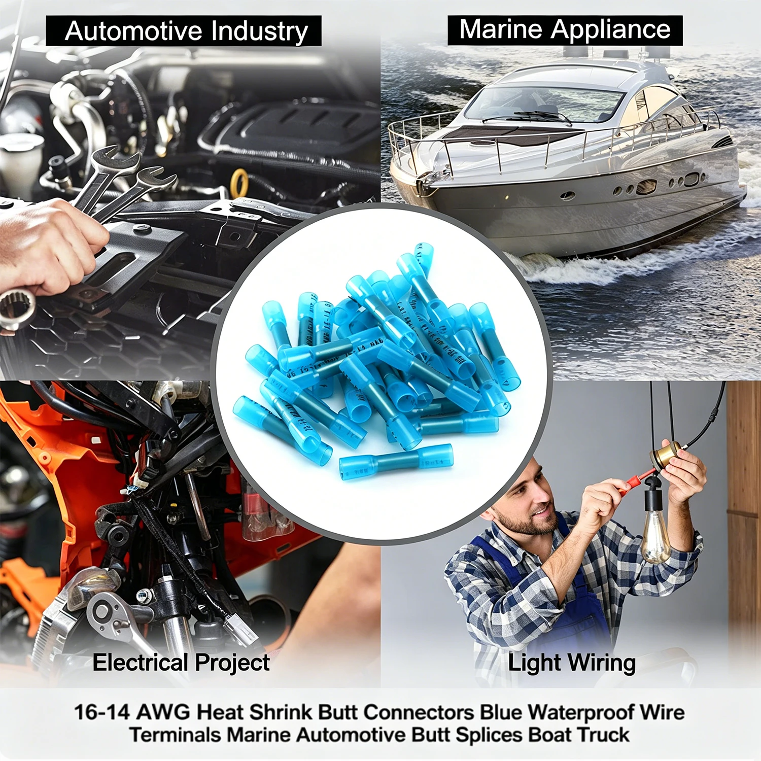 16-14 AWG Heat Shrink Butt Connectors Blue Waterproof Wire Terminals Marine Automotive Butt Splices Boat Truck
