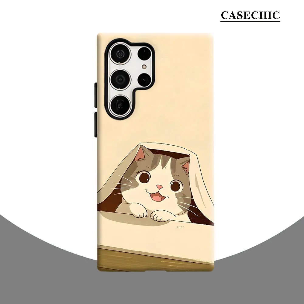 Cute Cat Peeking Phone Case for Samsung Galaxy S26 S25 Ultra S24 S23 Ultra Plus Shockproof Double layer tough Back Cover