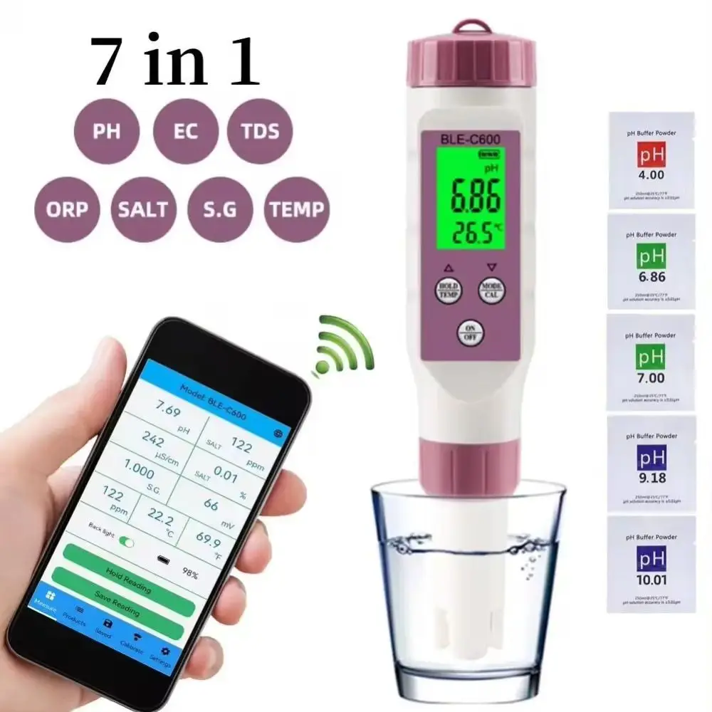 

Bluetooth 7 in 1 PH Meter APP Control Laboratory Water Quality Tester Aquarium BLE-C600 Temp ORP Salinity TDS Meter