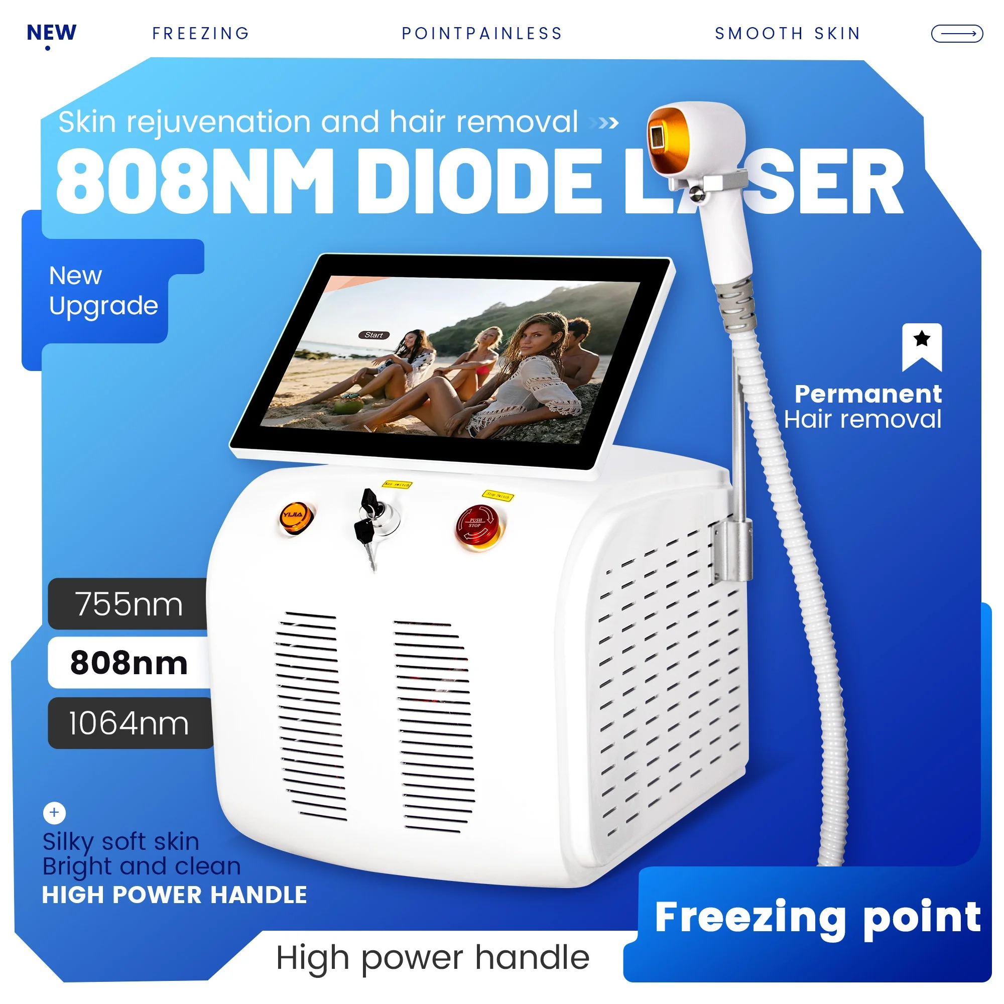 

4000W 808nm Diode Laser Hair Removal Machine 3 Wavelengths 755 808 1064nm with Ice Platinum Cooling for Painless Salon Use
