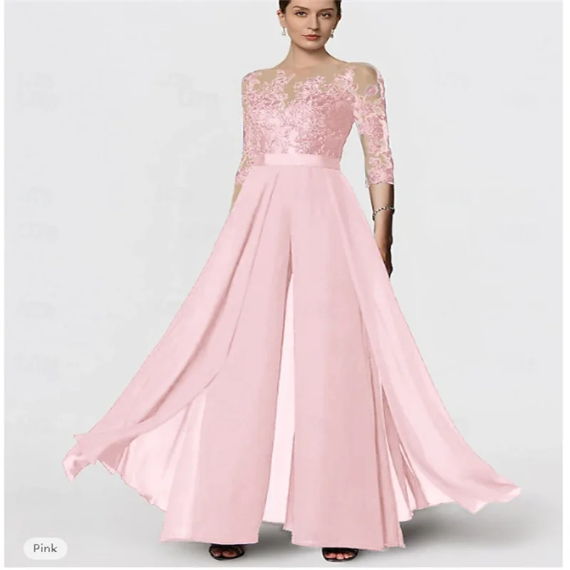 

Jumpsuit Pantsuit Ankle Length 3/4 Length Sleeve Scoop Neck Elegant Party Formal Wedding Guest Chiffon Lace Mother of the Bride