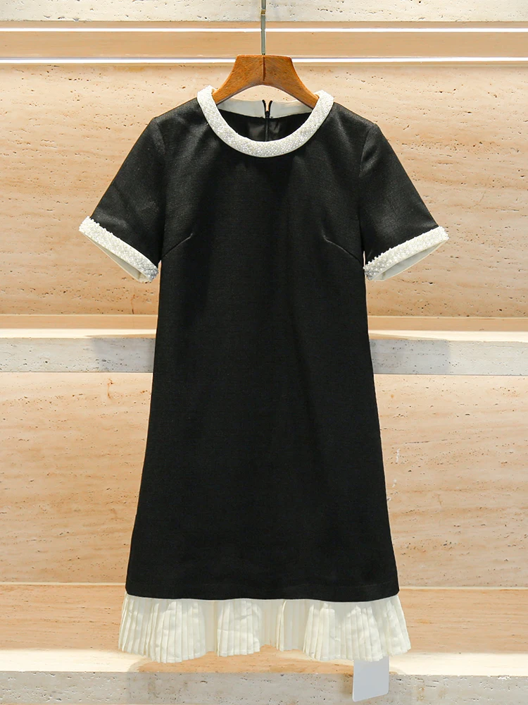 

High-End Summer Women's Dr South Oil Gown Color Blo Pleated High Waist Knitted ort Sve round Ne A-Line Skirt