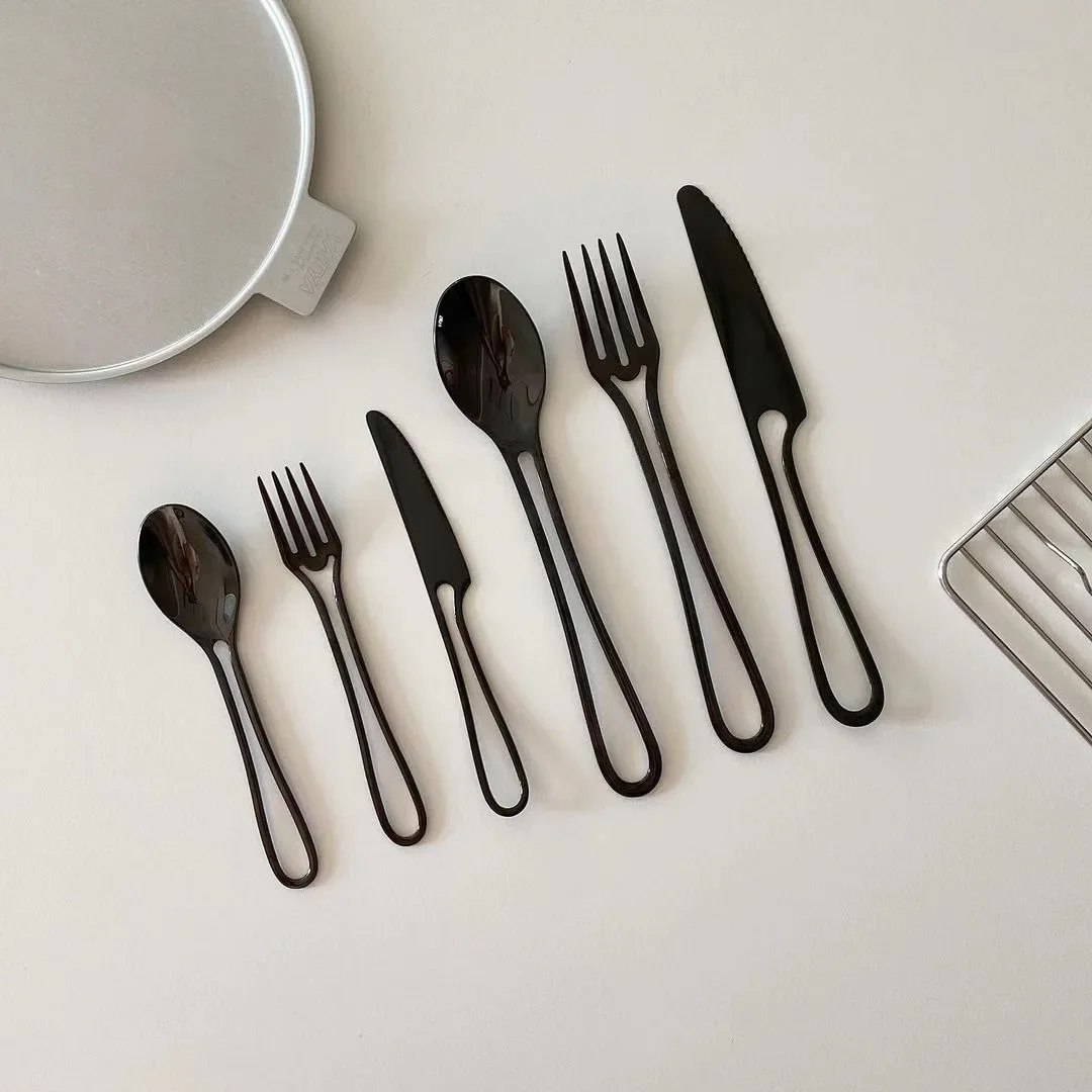 Forks Steak Knives Cake Spoon Cutlery Set 304 Stainless Steel Black Flatware Western Dessert Knife INS Korean Simple Creative