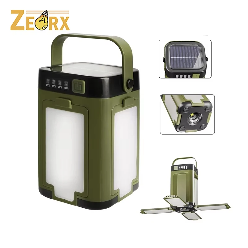 Lanterna da campeggio solare con funzione Power Bank, luce per tenda flessibile ricaricabile a 3/4 pannelli USB-C a 6 modalità per la pesca di emergenza