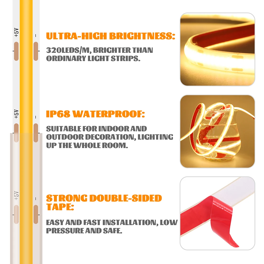 DC5V IP68 Waterproof COB Led Strip Light Wifi Bluetooth Sensor 11key Remeote USB Kit 320 LEDs Flex Tape Silicone Tube Lamp White