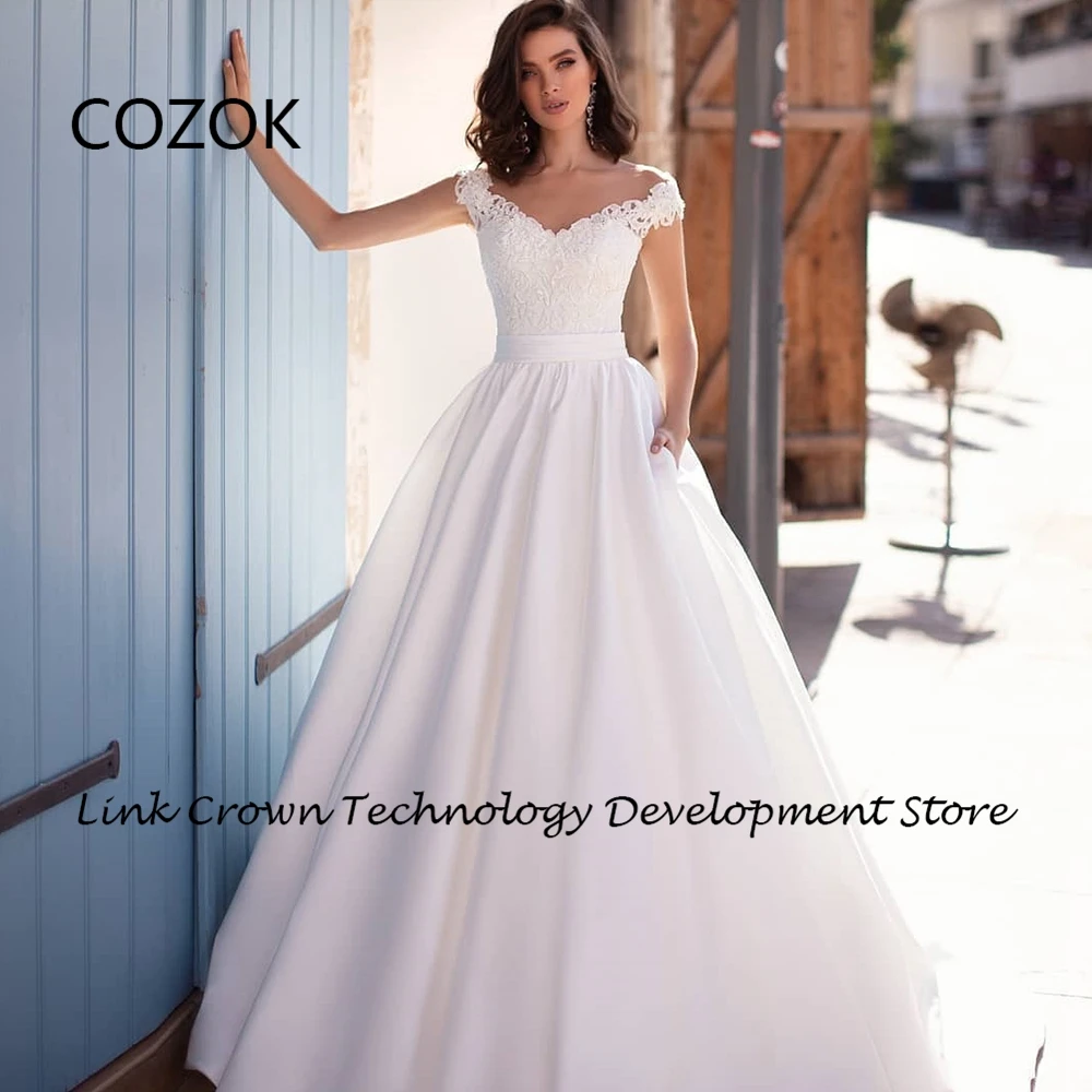 

COZOK Strapless Wedding Dresses with Lace A Line Bridal Gowns Ivory Sleeveless 2024 Summer New Satin Button Back Vestidos De