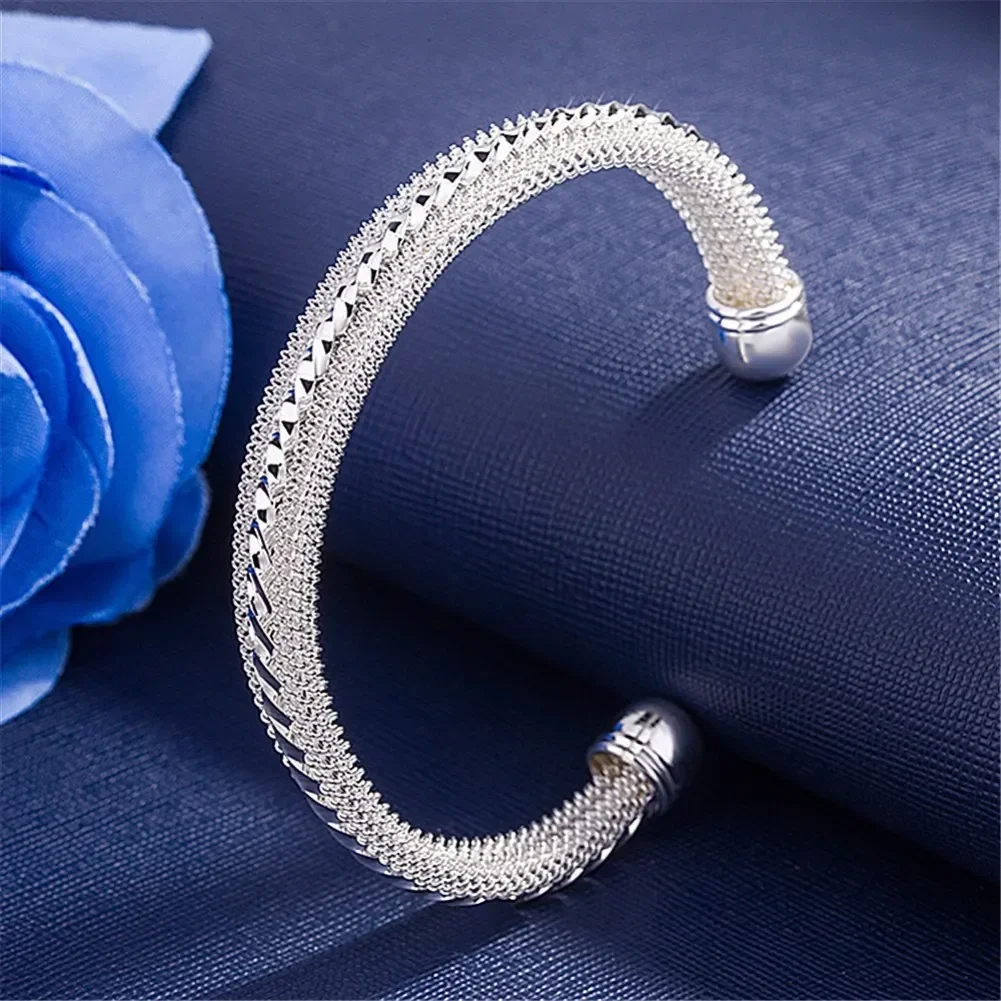 

Hot Charm 925 Sterling Silver Fine Net Bangle Cuff Bracelets For Women Adjustable Fashion Wedding Party Christmas Gifts Jewelry