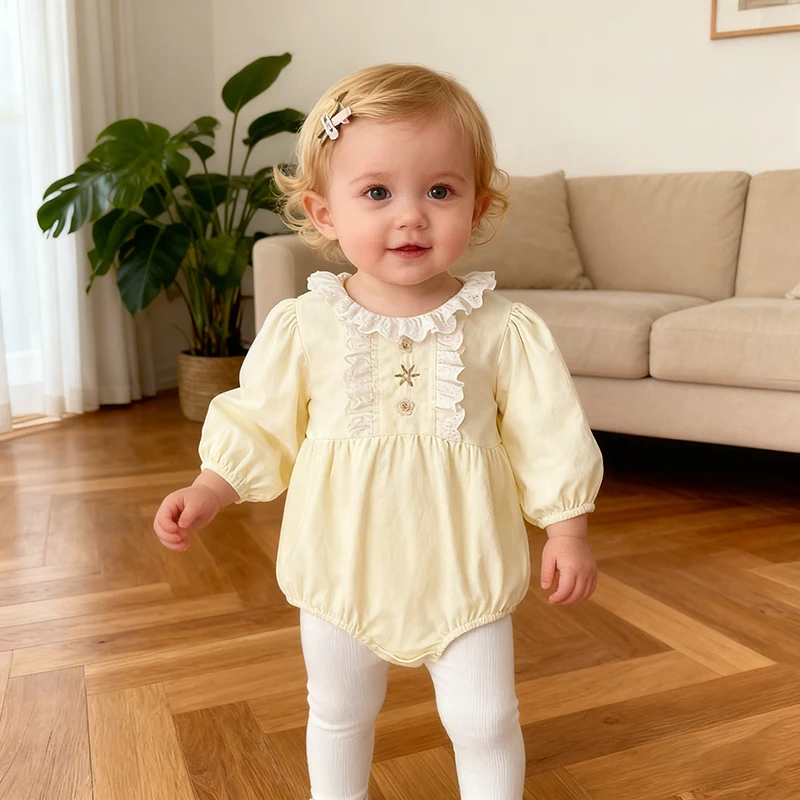 2026 Neuer Frühling Kleinkind Mädchen Baumwoll-Strampler 0-24M Spitze Langarm Baby Mädchen Einteiler Kinderkleidung