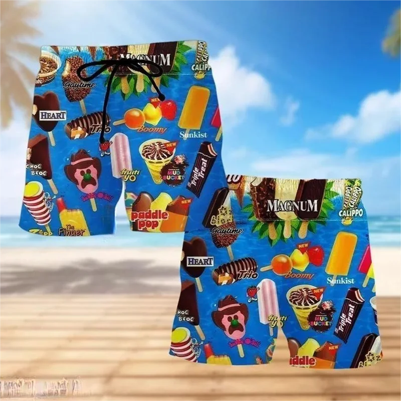 Calção de praia masculina de sorvete, estampa 3D, secagem rápida, calça curta engraçada, esportiva, calção de rua, calções de surf legais, verão