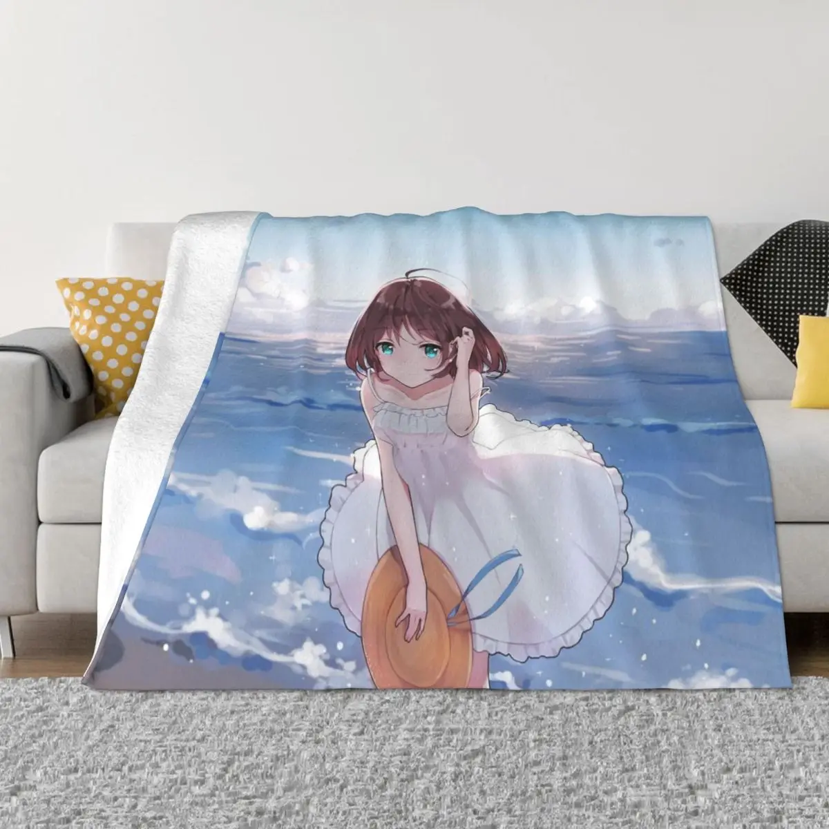 Summer-dress-anime-girl-ocean-waves Throw Blanket For Sofa Graphic Micro Fleece Blanket Gifts For Friend