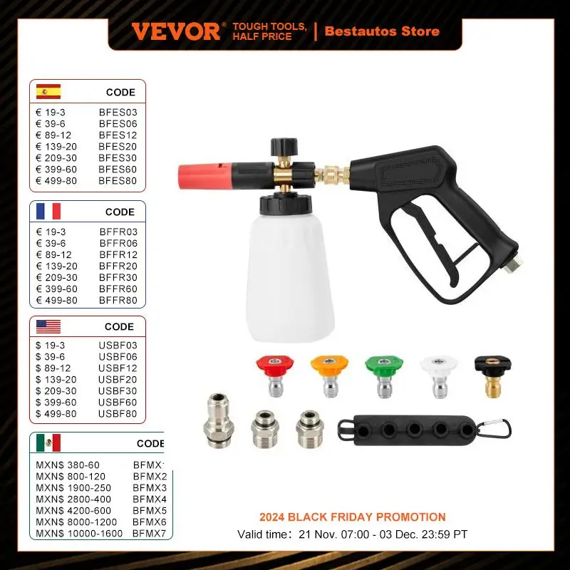 VEVOR Pressure Washer Gun Set Foam Cannon Washer Spay Gun with Connector Nozzle Tips Pressure Washer Handle with Inlet Connector